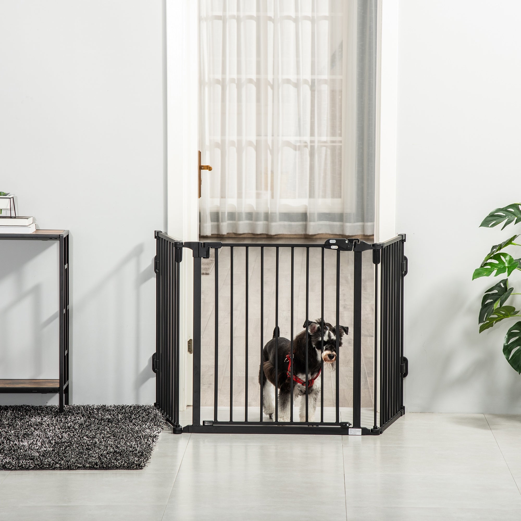 Folding Steel Dog Gate with Automatic Closure, 202.5 x 2 x 76 cm, Black