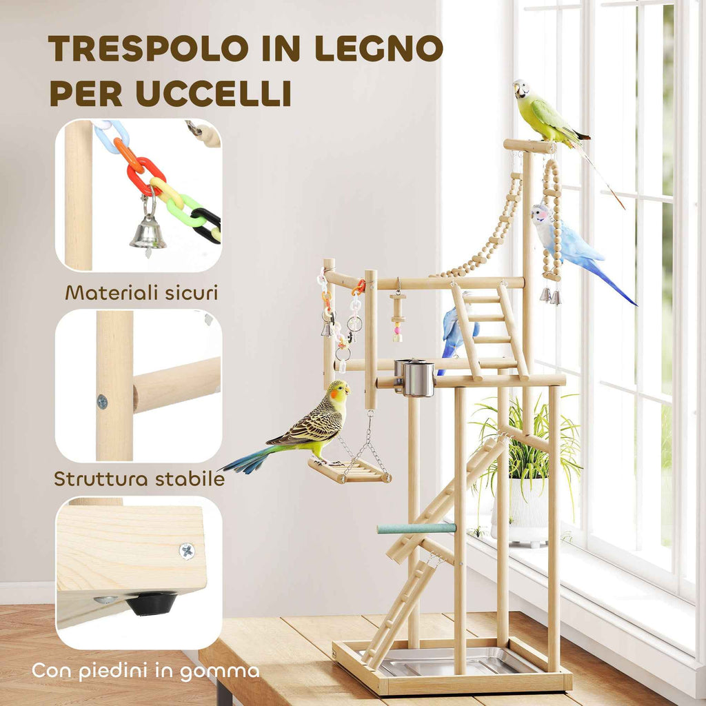 PawHut Parrot Perch with Toys, Ladders, Chains, Bowls, Removable Tray and Perches, Natural Wood