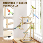 PawHut Parrot Perch with Toys, Ladders, Chains, Bowls, Removable Tray and Perches, Natural Wood