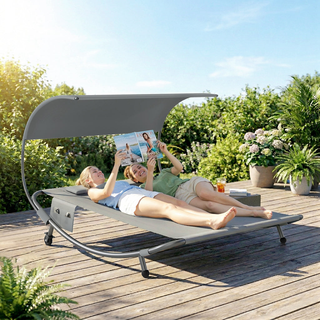 Outsunny Double Sun Lounger with Removable Canopy, Wheels, Cushions and Pockets, Grey
