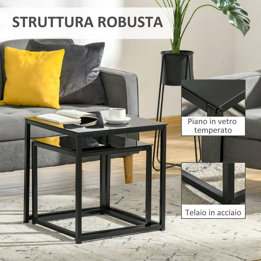 Homcom Set 2 Modern Square Living Room Tables, in steel and tempered glass, black - Borgè