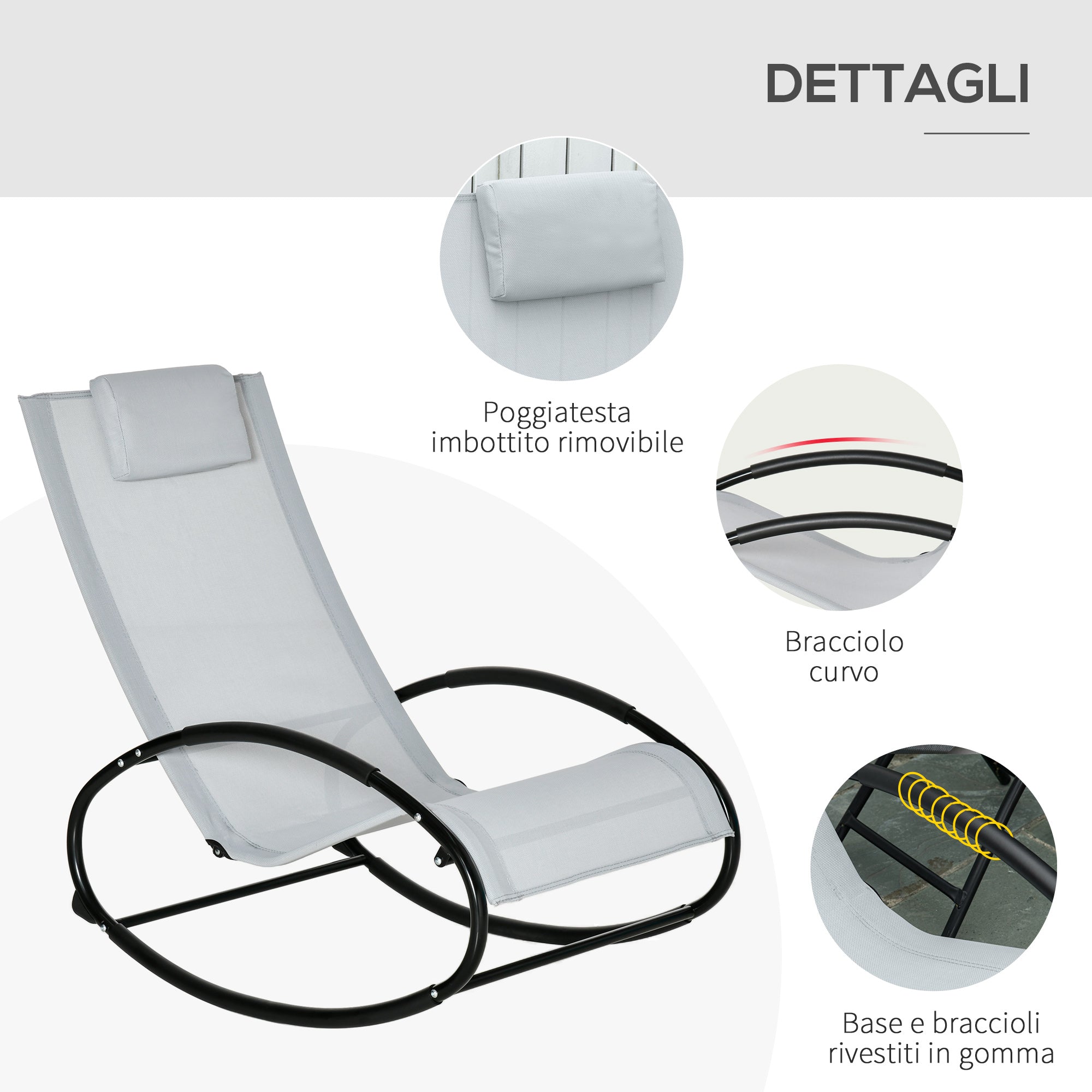 Zero Gravity Garden Rocking Chair, Ergonomic Garden Lounger with Cushion and Breathable Fabric for Indoor and Outdoor Use, 105x62x88 cm, Grey