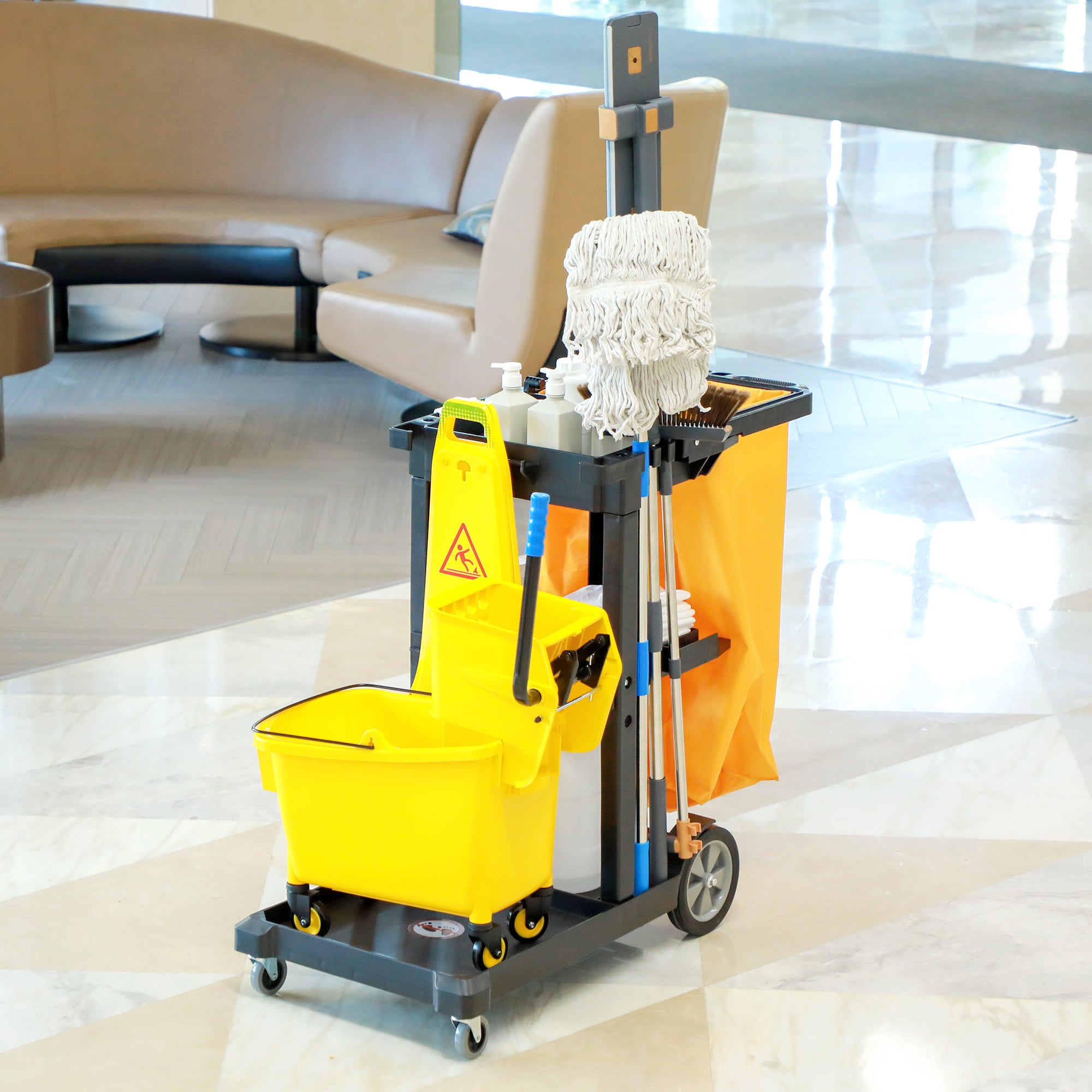 3-Tier Cleaning Trolley with Hooks and 100L Bag, 121x50.5x96.5 cm, Black Yellow and Grey