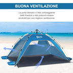 Pop Up Beach Tent with Zipper Door, in Polyester and Fiberglass, 220x173x120 cm, Sky Blue and Gray