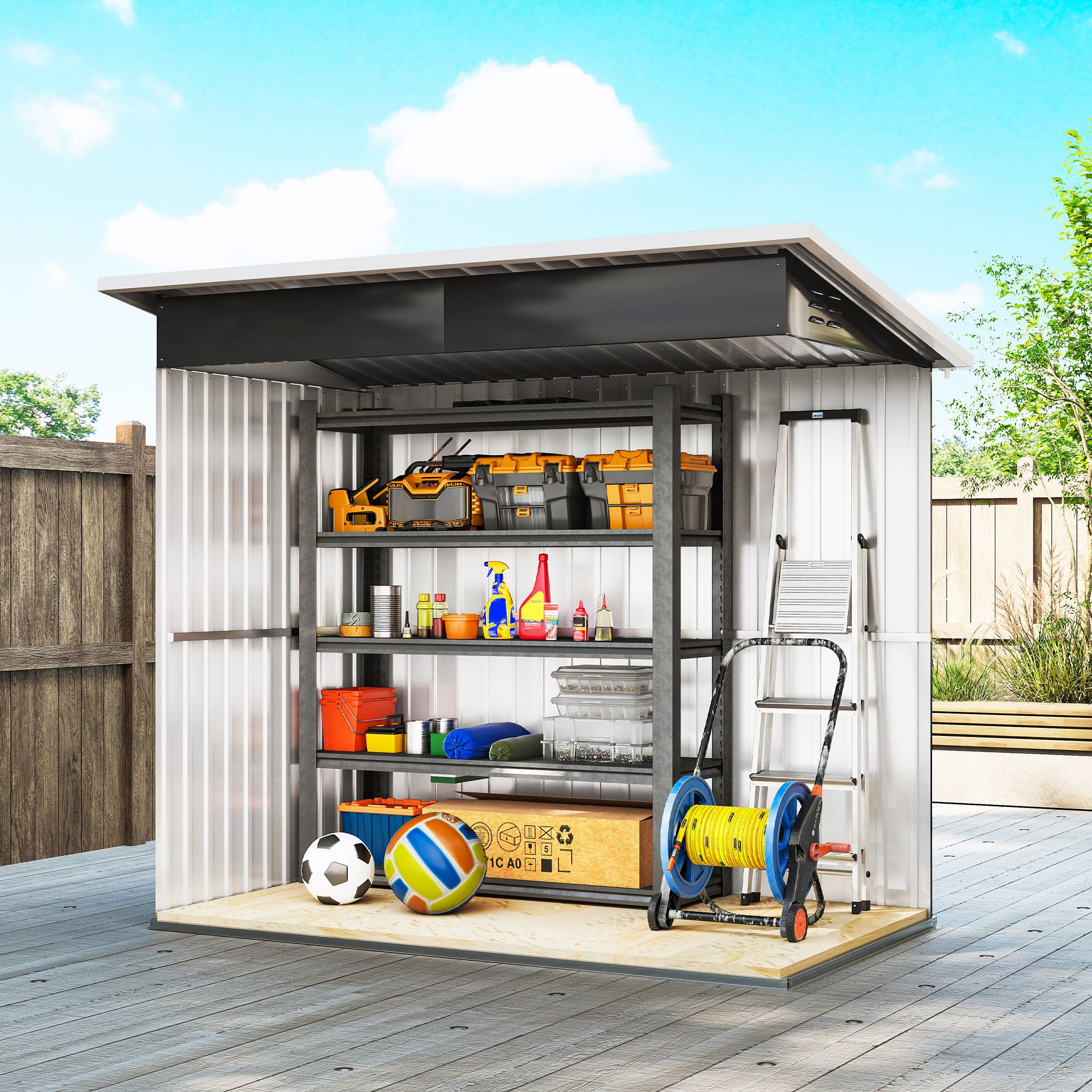 Outsunny 2.55m² Galvanized Steel Garden Shed with Foundation Kit, Pitched Roof Locking Door, Grey