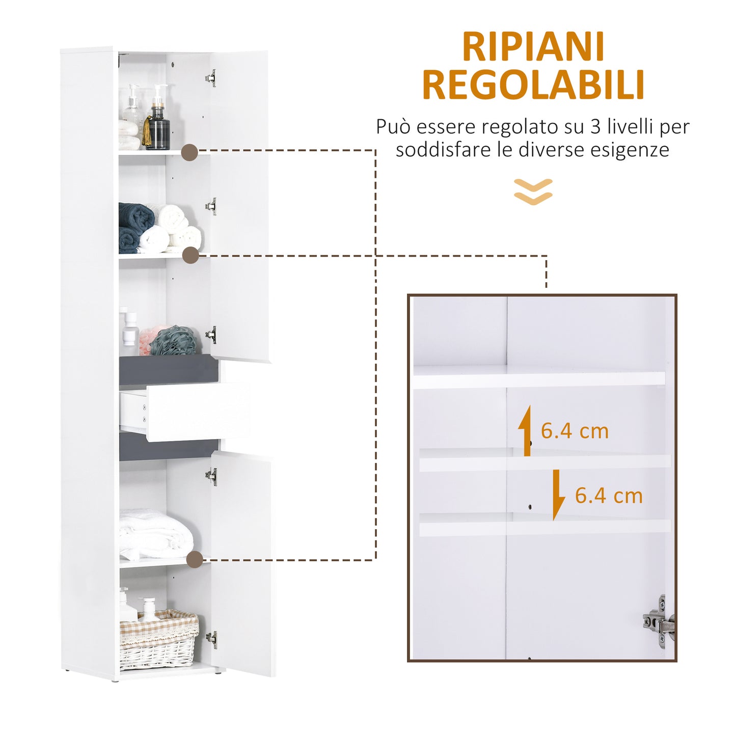 HOMCOM Bathroom Column with 2 Cabinets with Adjustable Shelf and Drawer, in Chipboard, 35x31x172 cm, White - Borgè