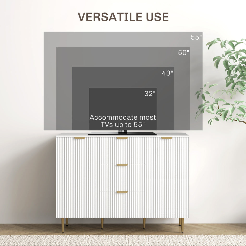 Modern Sideboard with 3 Drawers, 2 Cabinets and Adjustable Shelves, Wood and Metal, White