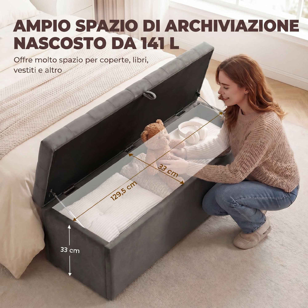 HOMCOM Velvet Storage Bench 140L with Wide Padded Seat, 240kg Capacity, Bedroom Living Room Entrance, Grey