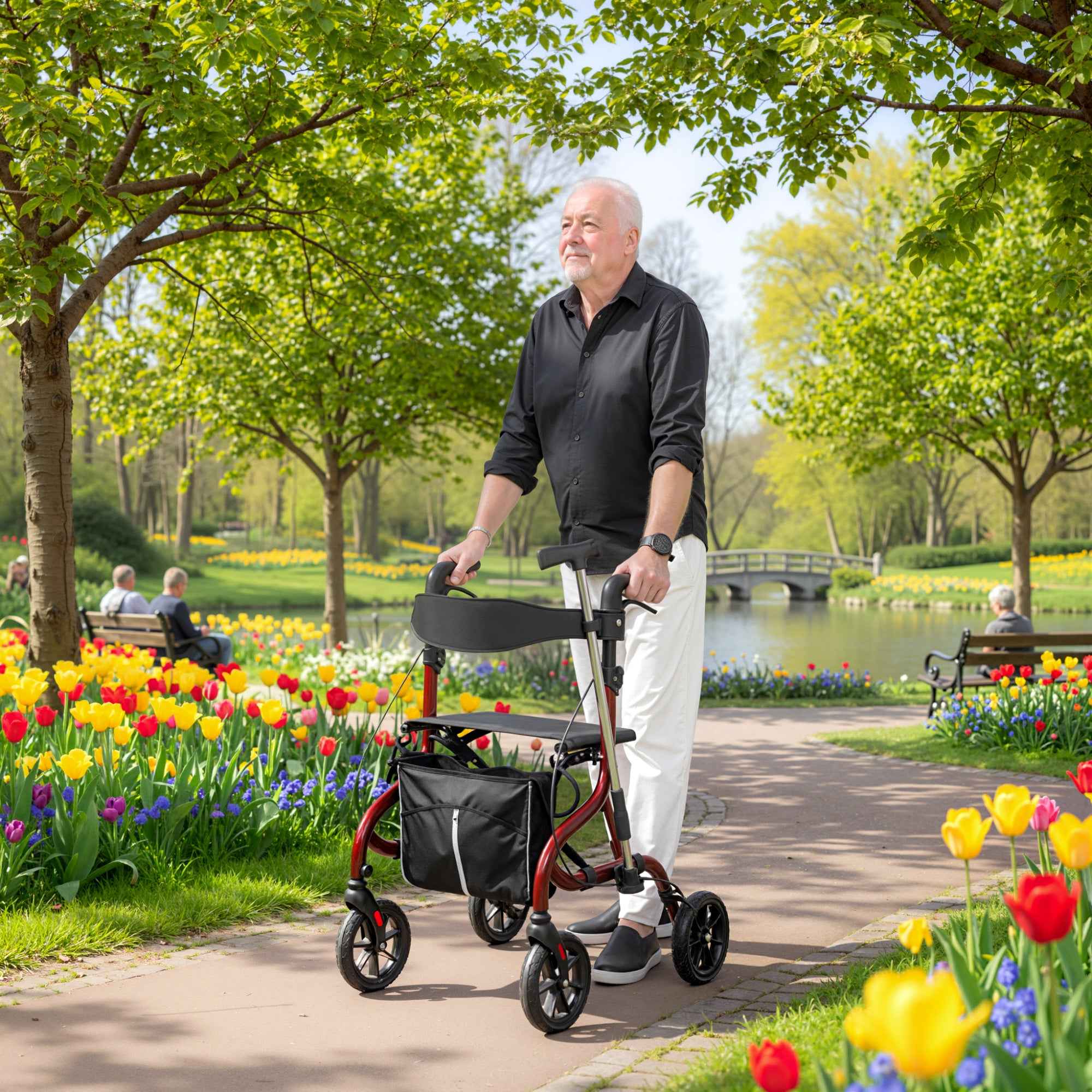 HOMCOM Folding Walker with Seat and Backrest for the Elderly, Adjustable Height, Bag and Cane Holder, Red