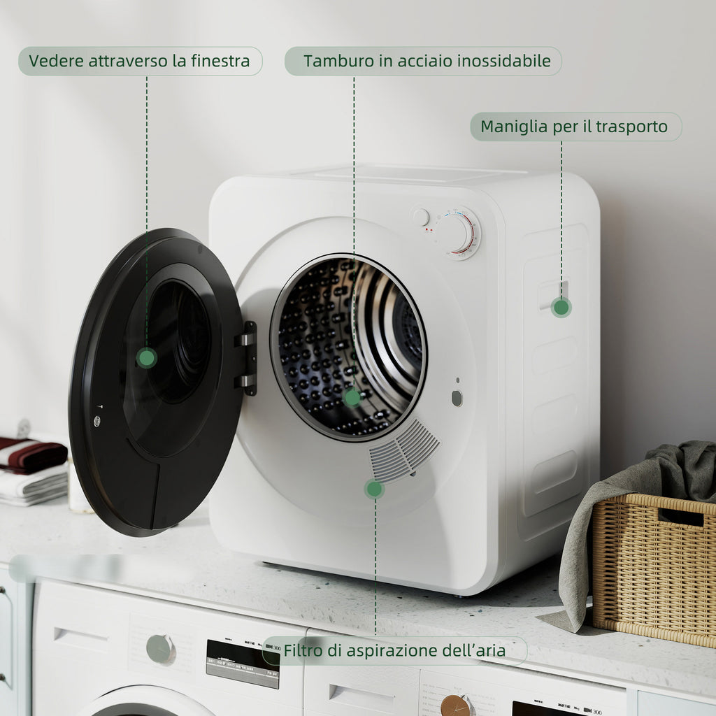 HOMCOM Mini Portable Dryer 2.5kg, 5 Programs, 800/400W, Front Loading, Stackable/Wall/Freestanding, White