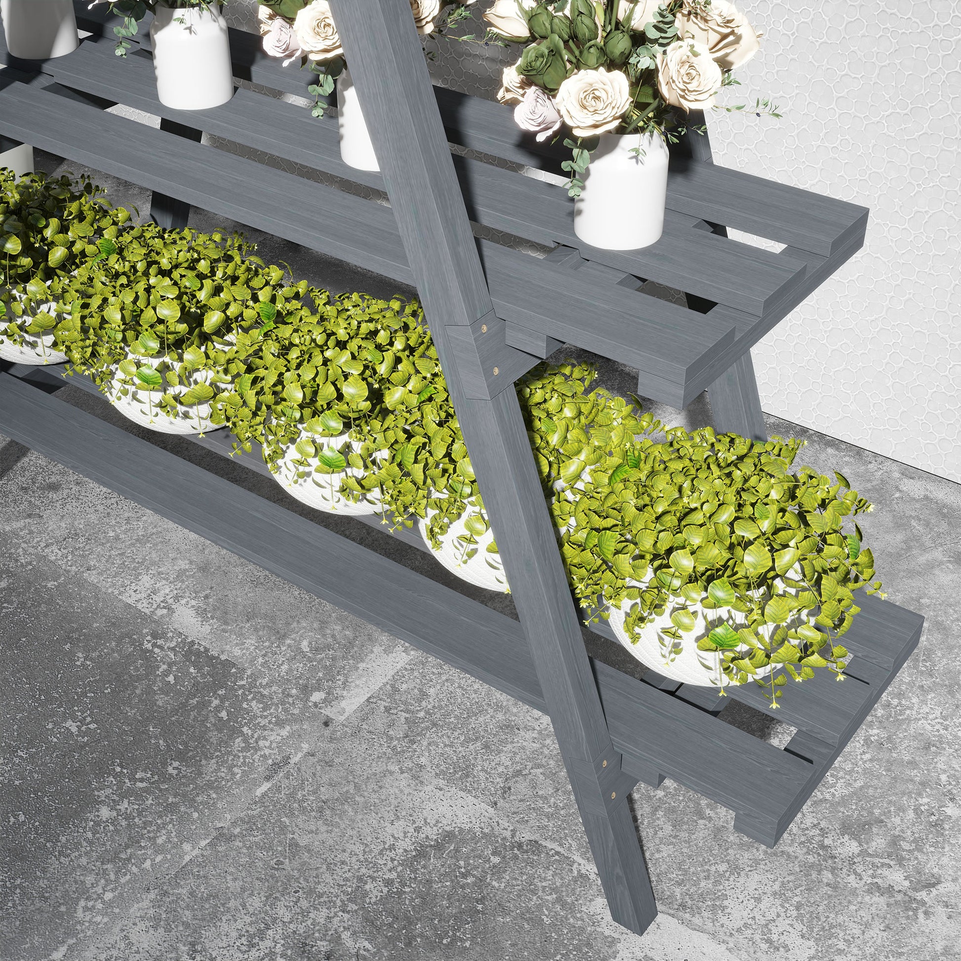 Vertical Plant Holder 3 Levels with Slats, in Fir Wood, 100x36x112 cm, Gray - Borgè