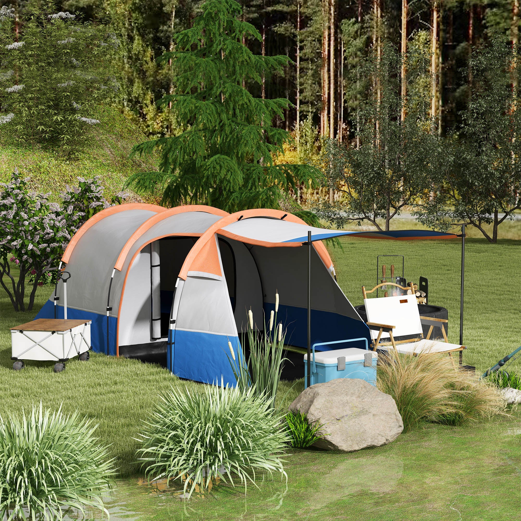 Waterproof Camping Tent with 2 Areas and 3 Entrances, Polyester and Fiberglass, 420x200x150 cm, Orange