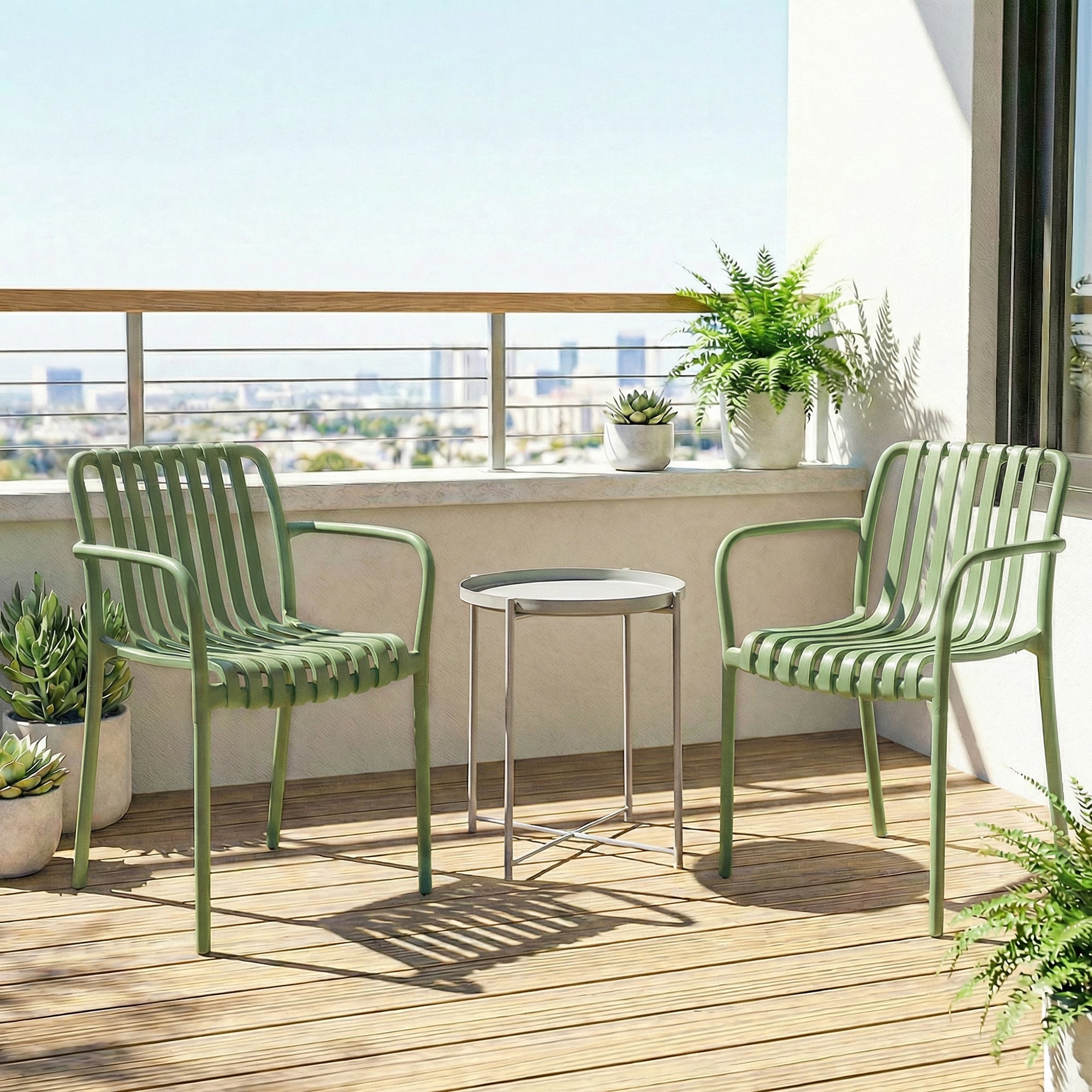 Outsunny Set of 4 Stackable Patio Chairs, Outdoor Dining Chairs with Curved Backrest, Slatted Seat and Armrests