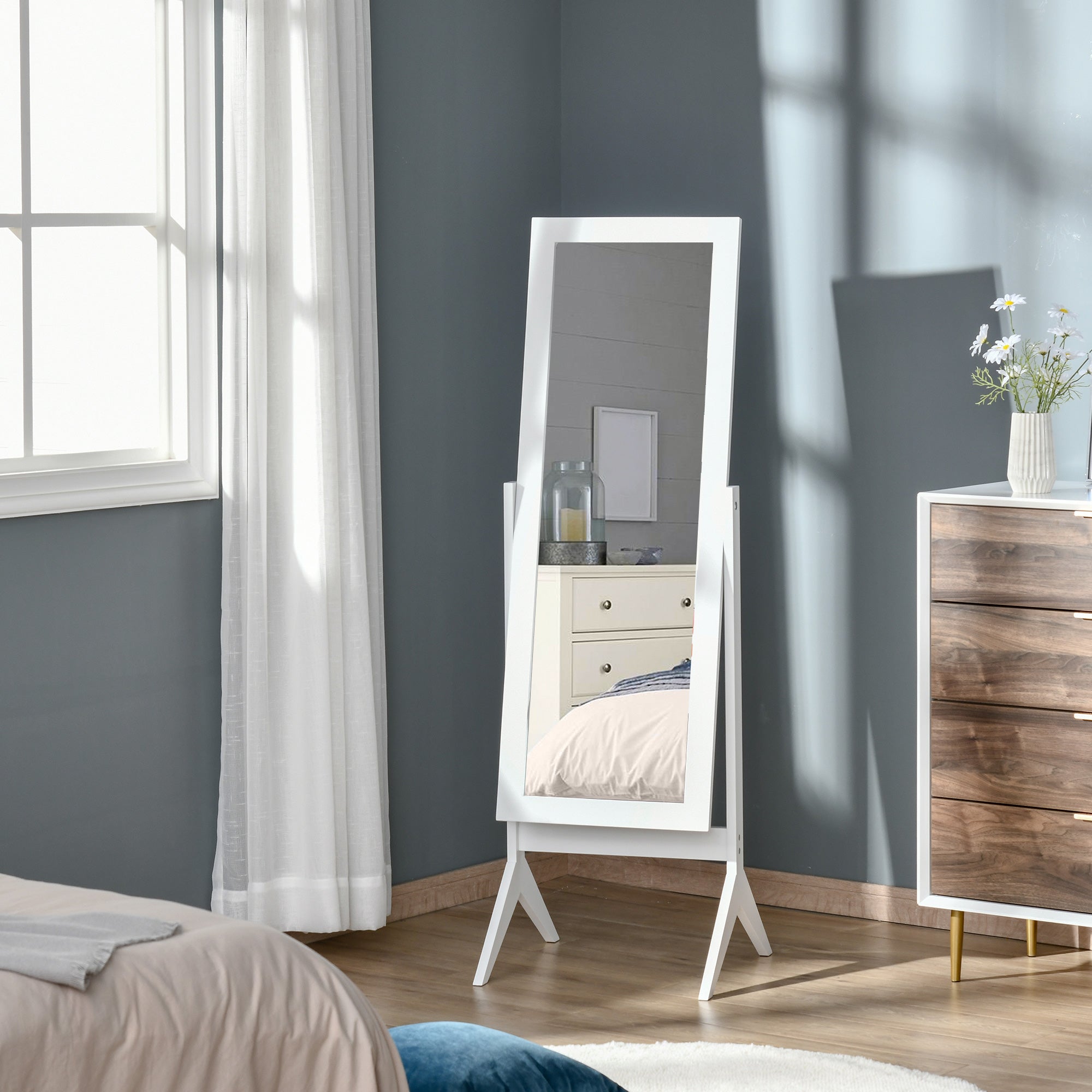 Full-Length Mirror with 4 Legs and Adjustable Angle, Wood and Glass, 47x46x148 cm, White
