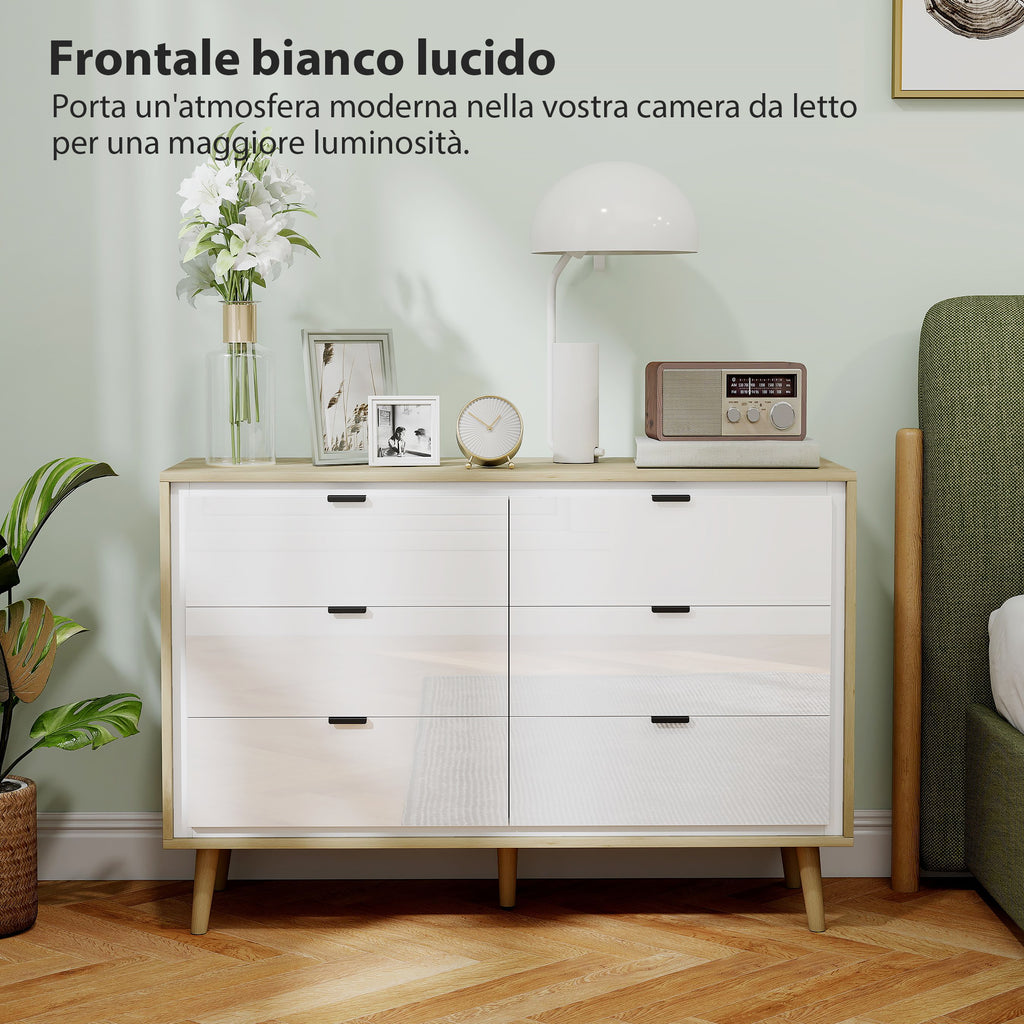 6-Drawer Wooden Chest of Drawers for Bedroom, 110x40x75 cm, Gloss White and Oak