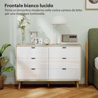 6-Drawer Wooden Chest of Drawers for Bedroom, 110x40x75 cm, Gloss White and Oak