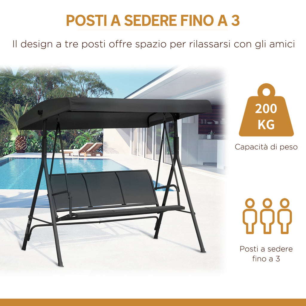 Outsunny 3-Seater Garden Swing with Canopy, Breathable Seat, and Steel Frame, Black