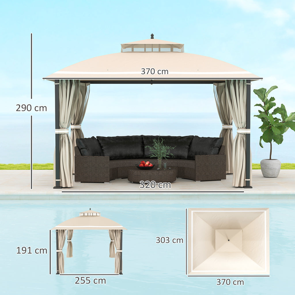 Garden Gazebo 3.7 x 3 m with Mosquito Net, Side Curtains and Double Roof, Beige