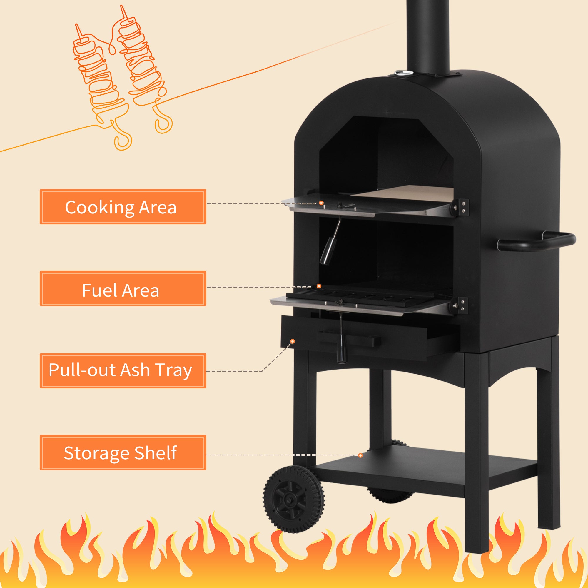Outdoor Oven for pizza and portable charcoal barbecue in steel with fireplace and wheels, 63x54x161 cm, black - Borgè