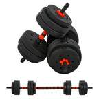 Set of 2 Dumbbells Convertible into a Barbell, 25kg Total with 12 Steel and Plastic Weight Discs for Home Training
