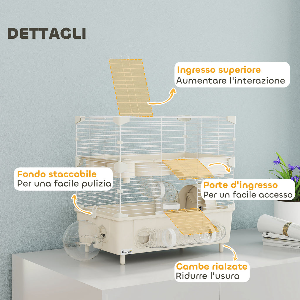 2-Tier, 3-Door Hamster Cage with Wheel and Tubes, Steel, PS and PP, 44.5x28x44 cm, Cream and White