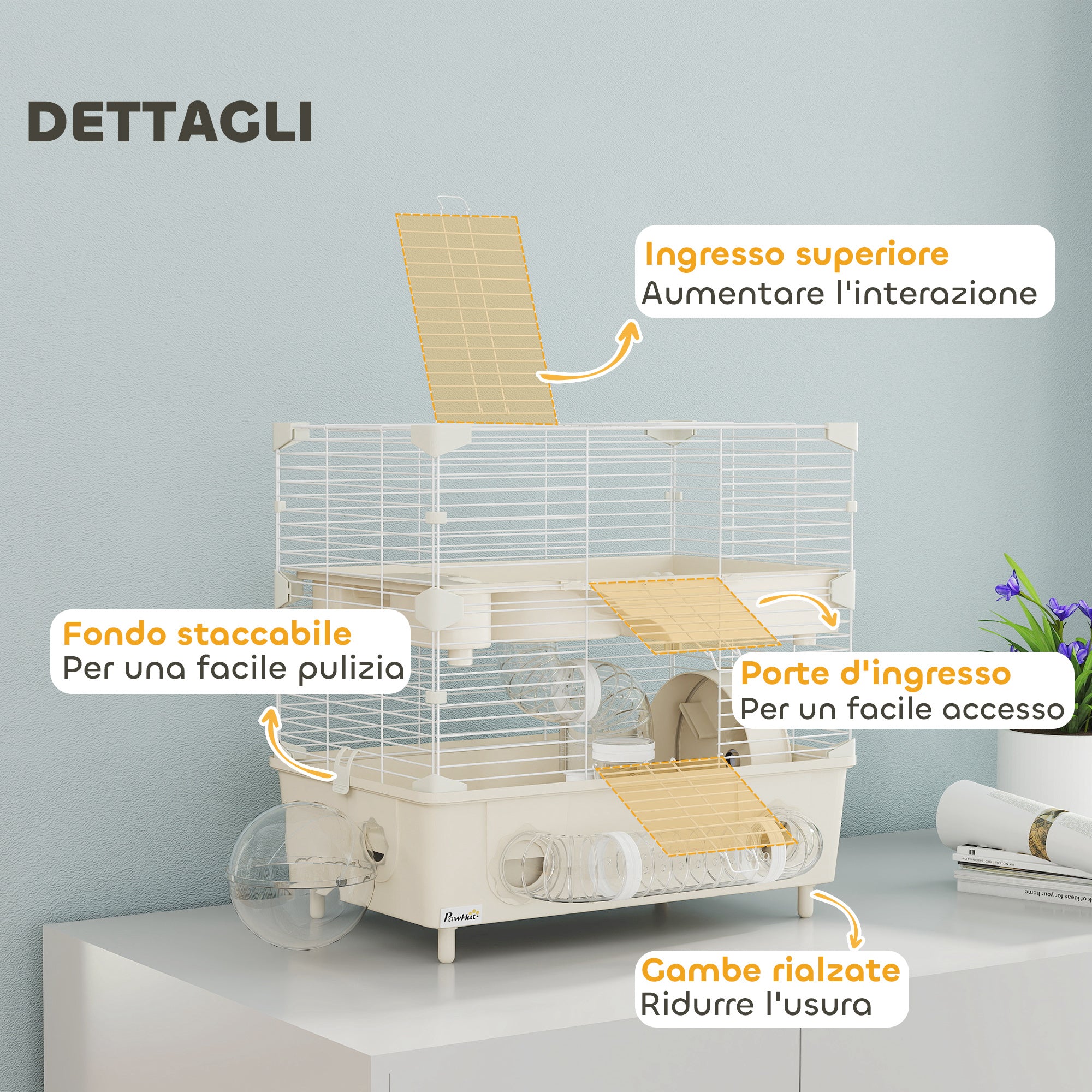 2-Tier, 3-Door Hamster Cage with Wheel and Tubes, Steel, PS and PP, 44.5x28x44 cm, Cream and White