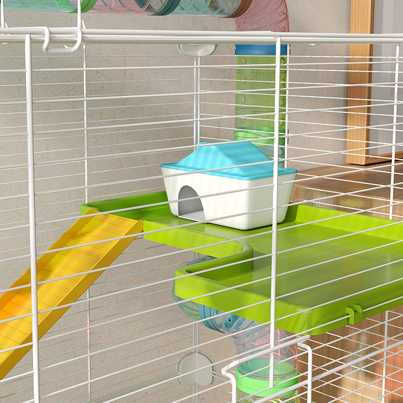 5-Tier Hamster Cage with Tubes, House, Tank and Wheel, Made of Steel, PP and PS, 59x36x69 cm, Green and White