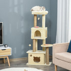 Cat Tree, 136 cm Tall, with Removable House, Cat House and Bed, Jute Poles, Beige