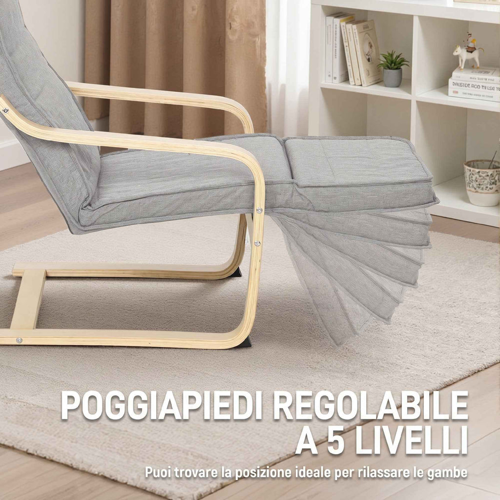 HOMCOM Birch Wood and Linen-Effect Fabric Bedroom Armchair with Adjustable Footrest, Light Grey