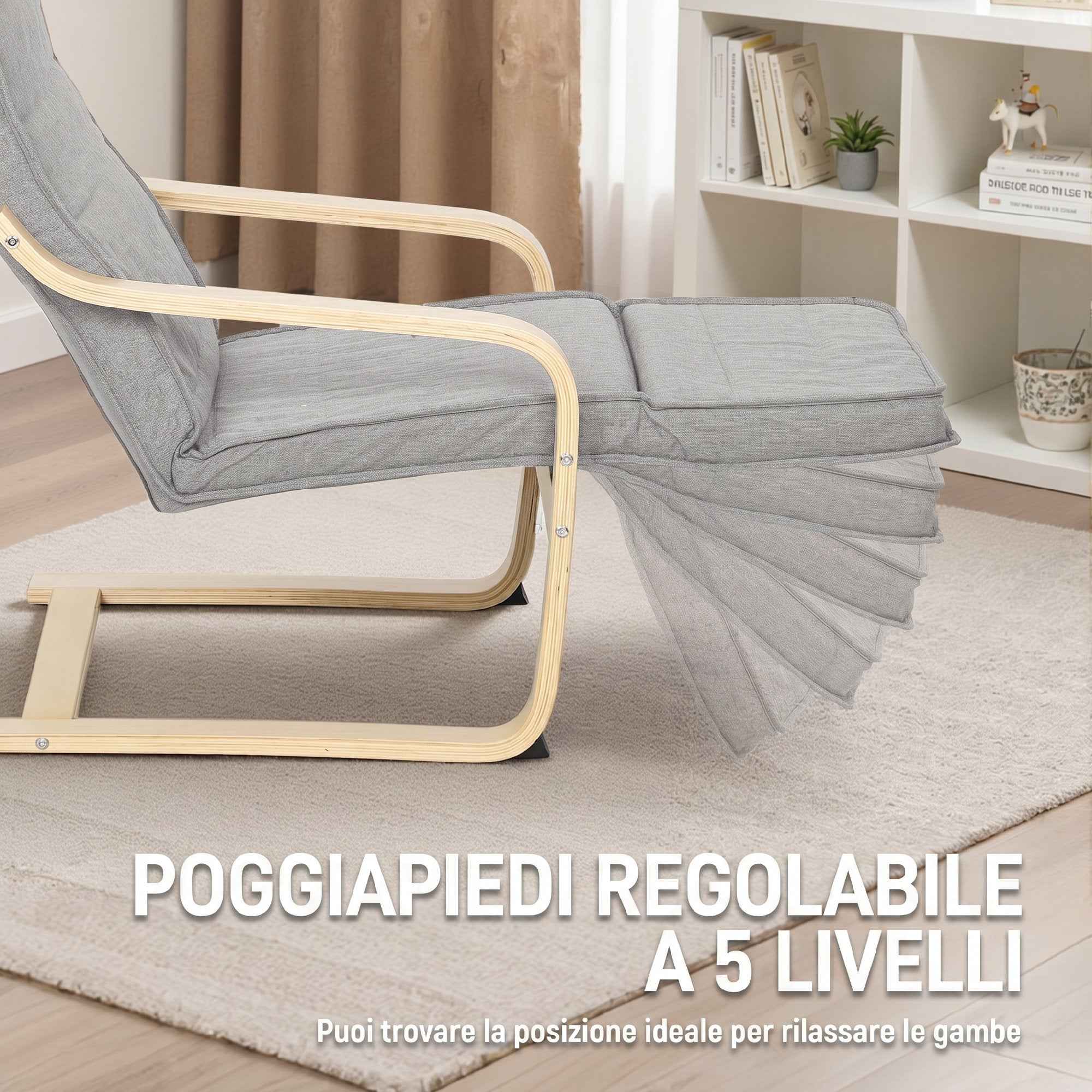 HOMCOM Birch Wood and Linen-Effect Fabric Bedroom Armchair with Adjustable Footrest, Light Grey