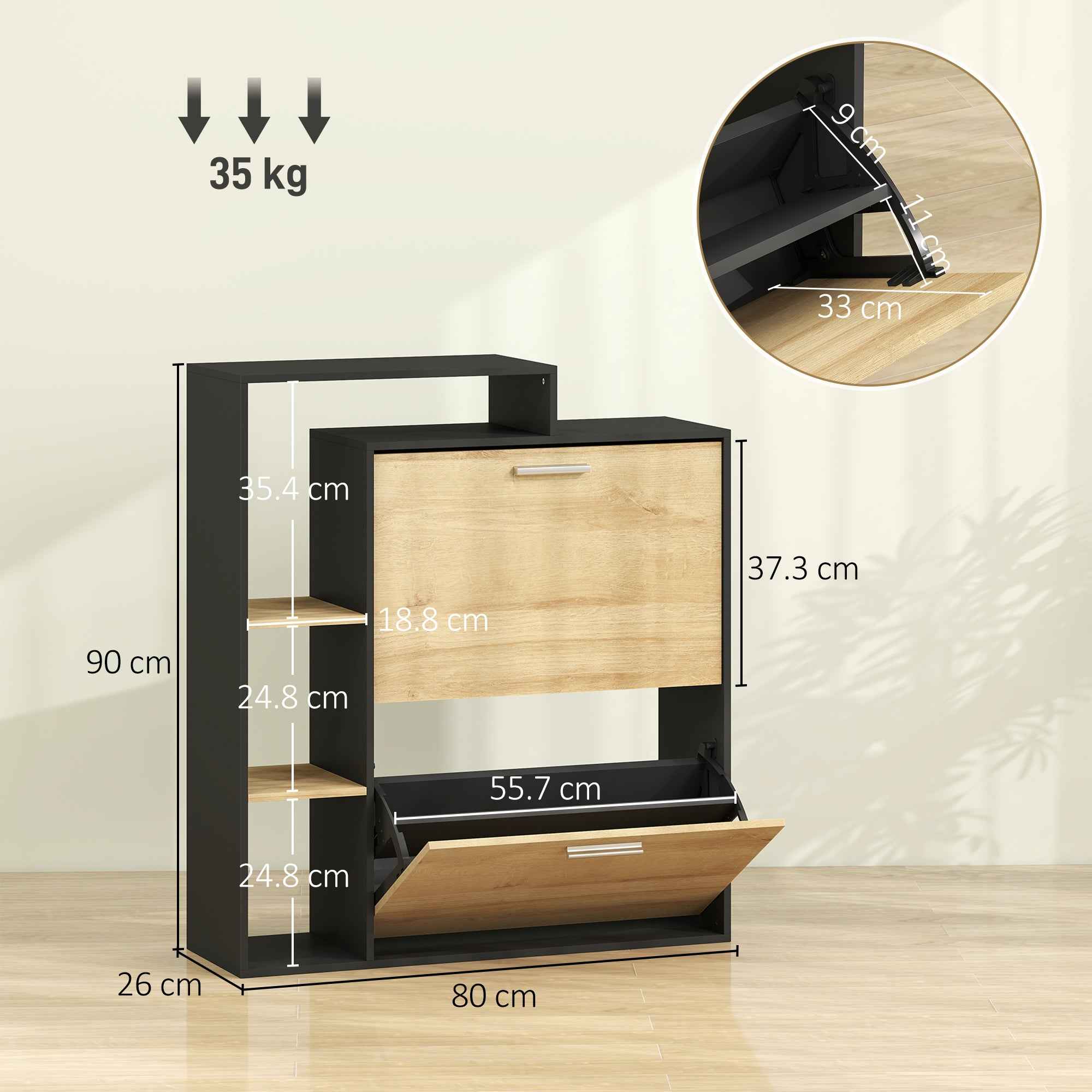 HOMCOM Shoe Cabinet: 2 Flap Drawers, Shelves, Black and Natural Wood.