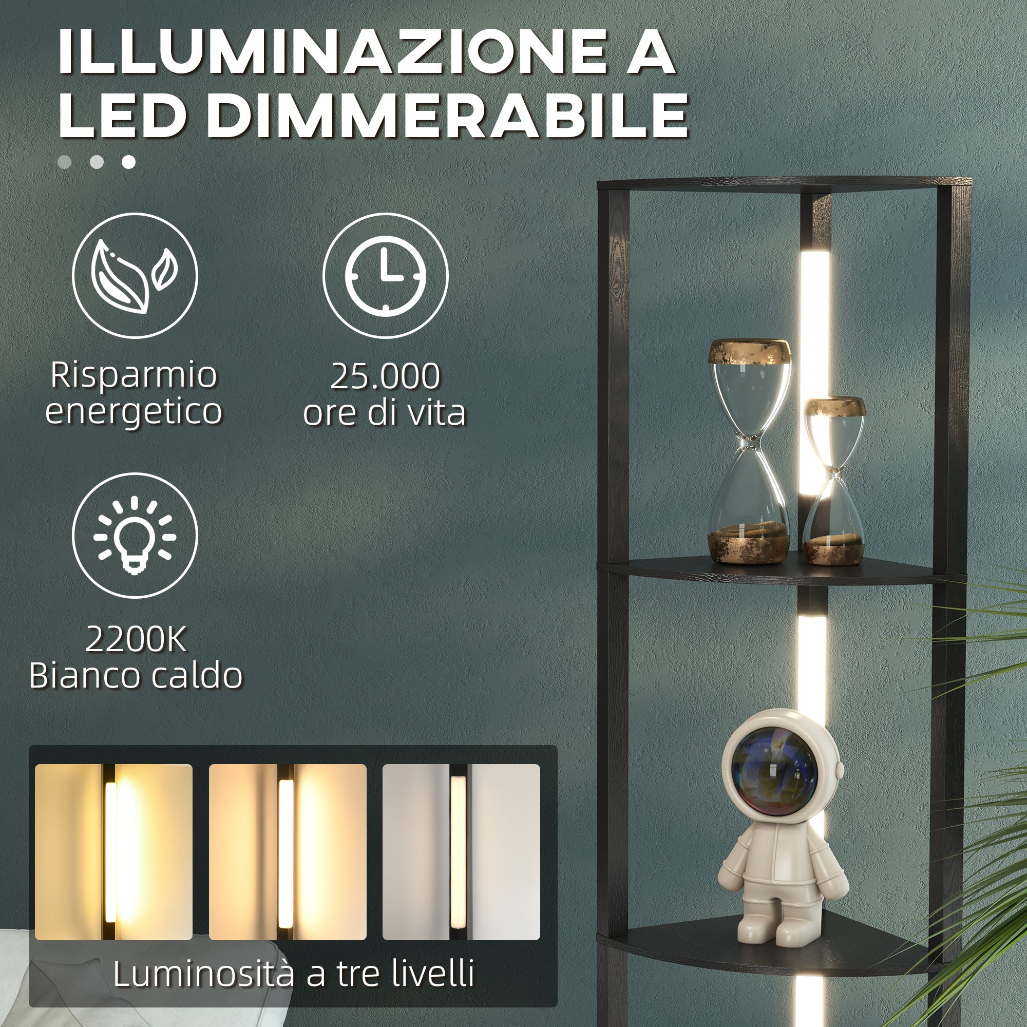 MDF Column Floor Lamp with 4 Shelves and 3000K LED Lighting, 41x29.5x163.5 cm, Black