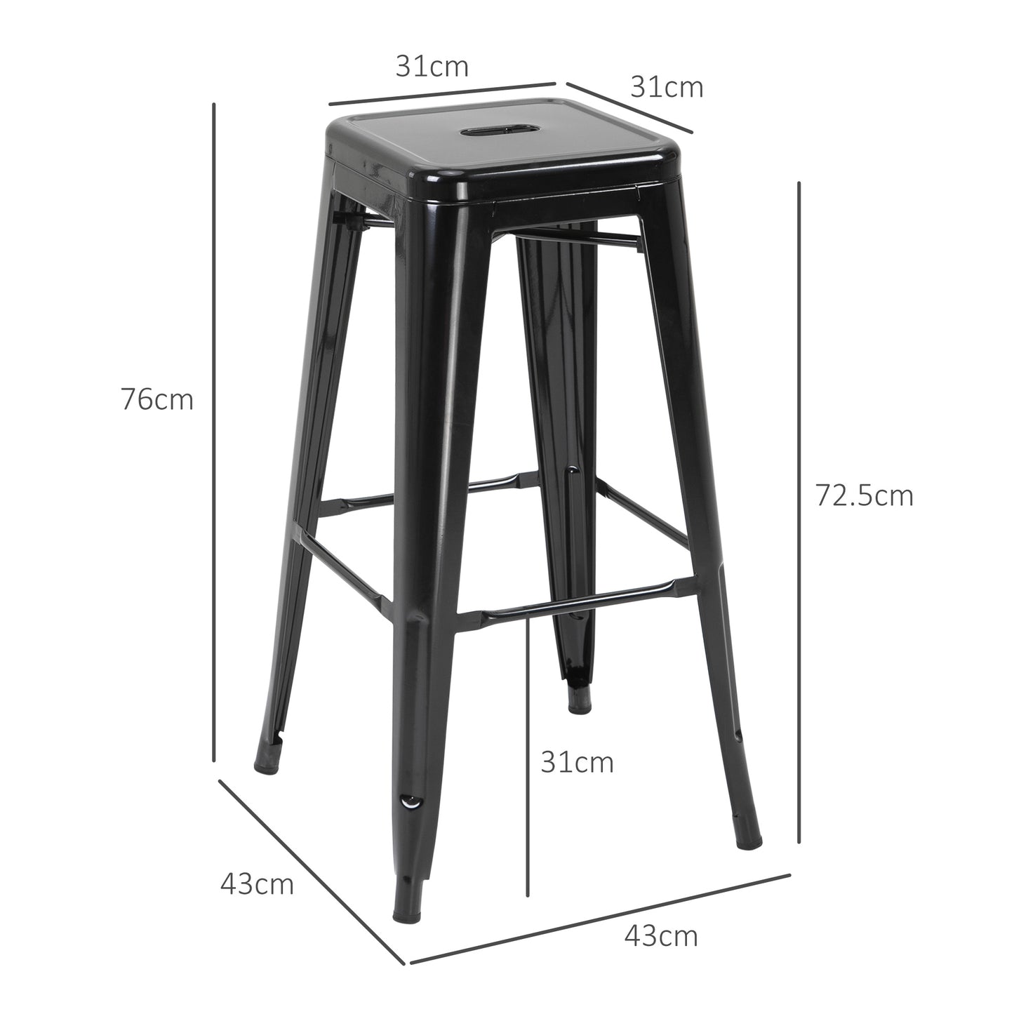 HOMCOM Set of 4 Metal Bar Stools with Footrest for Indoor and Outdoor, 43x43x76 cm, Black - Borgè