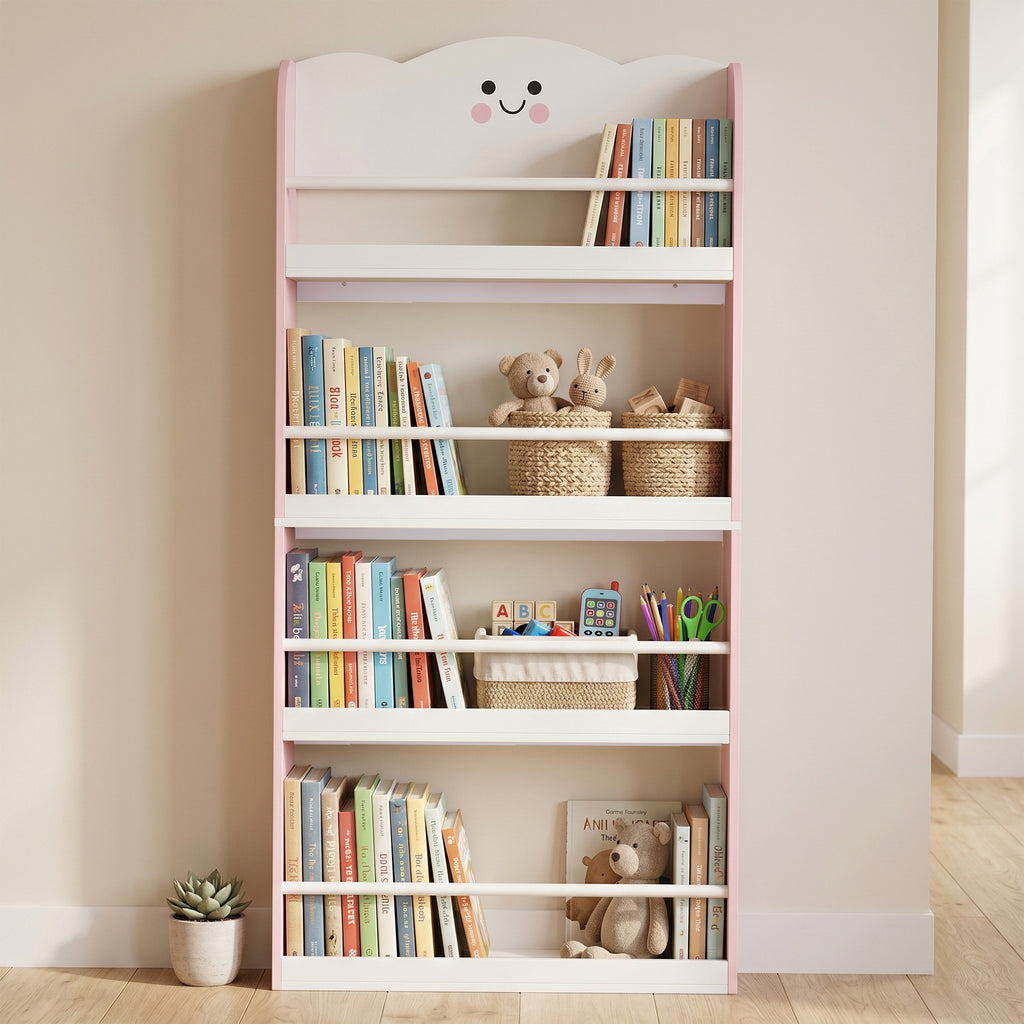 AIYAPLAY Montessori Bookshelf for Children Ages 3-6 with Cotton Candy Theme, 4 Wooden Shelves, for Children's Bedroom, Pink