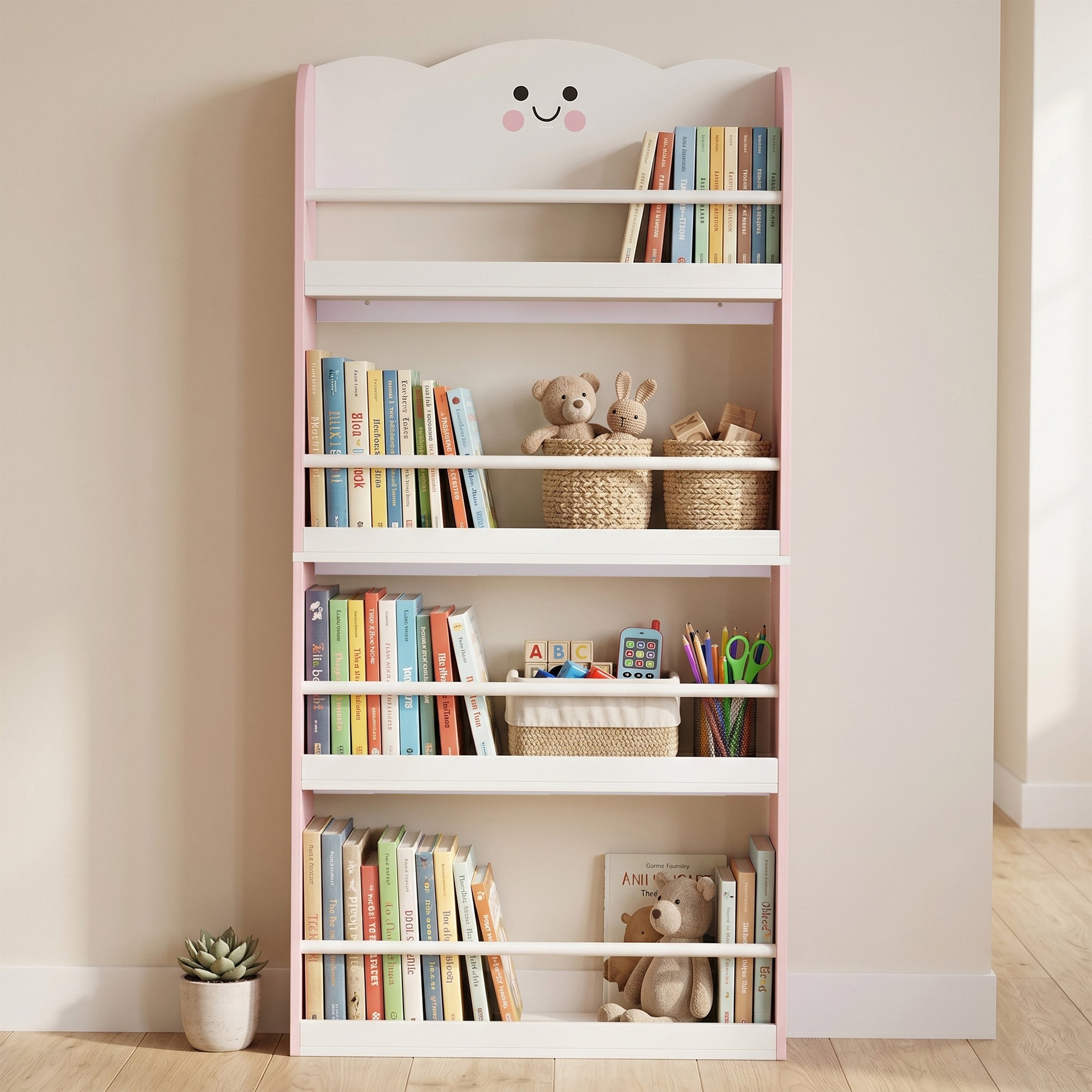 AIYAPLAY Montessori Bookshelf for Children Ages 3-6 with Cotton Candy Theme, 4 Wooden Shelves, for Children's Bedroom, Pink