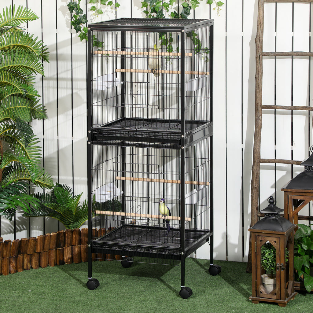 Indoor Bird Aviary Cage with Wheels and Removable Trays, 51.5x50x140 cm, Black