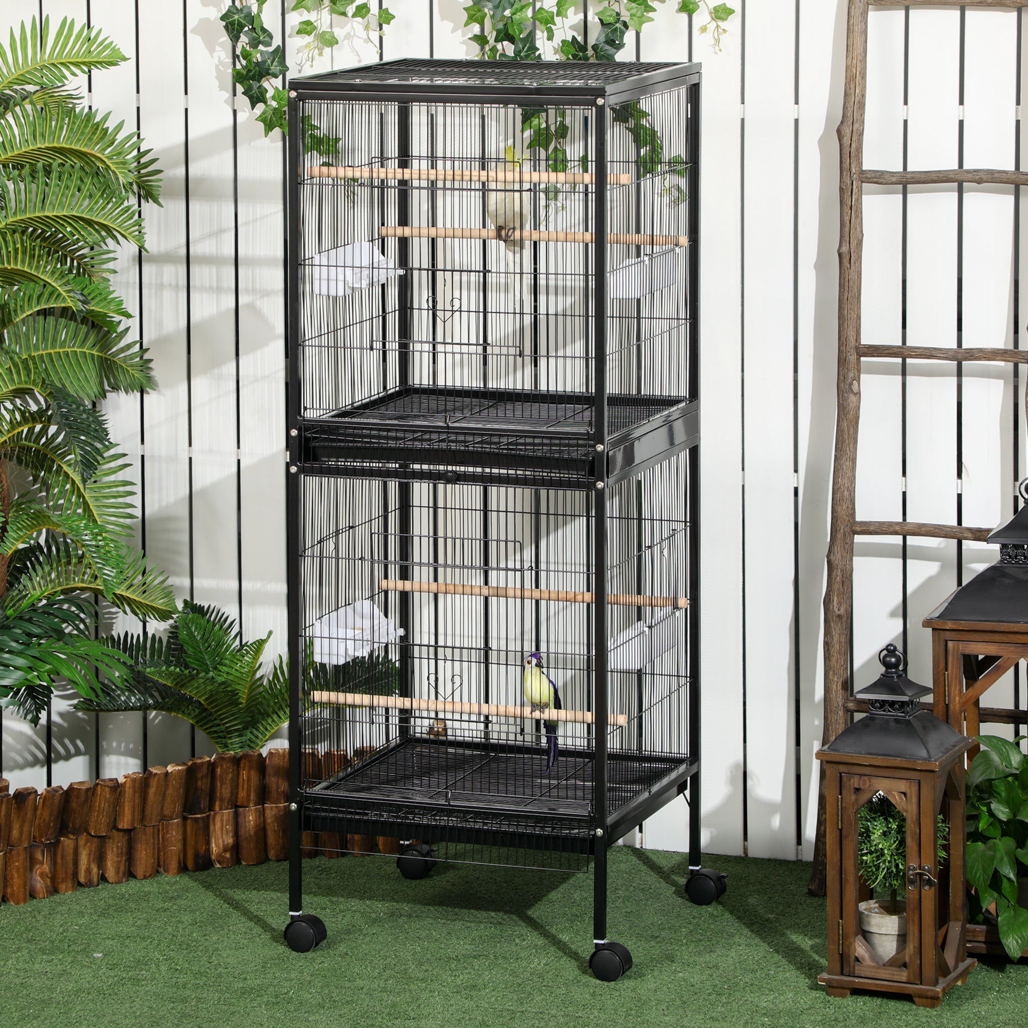 Indoor Bird Aviary Cage with Wheels and Removable Trays, 51.5x50x140 cm, Black