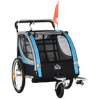 2-in-1 Kids Bike Trailer and Stroller with Belt, Pockets and Flag, Blue