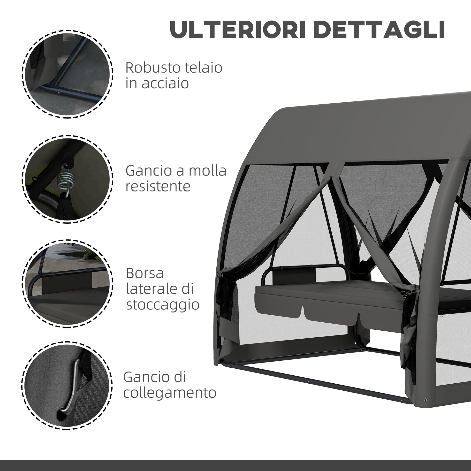 Outsunny Garden Swing 2 in 1 Convertible into a Bed with Cushions and Mosquito Net, 240x140x197 cm, Gray - Borgè