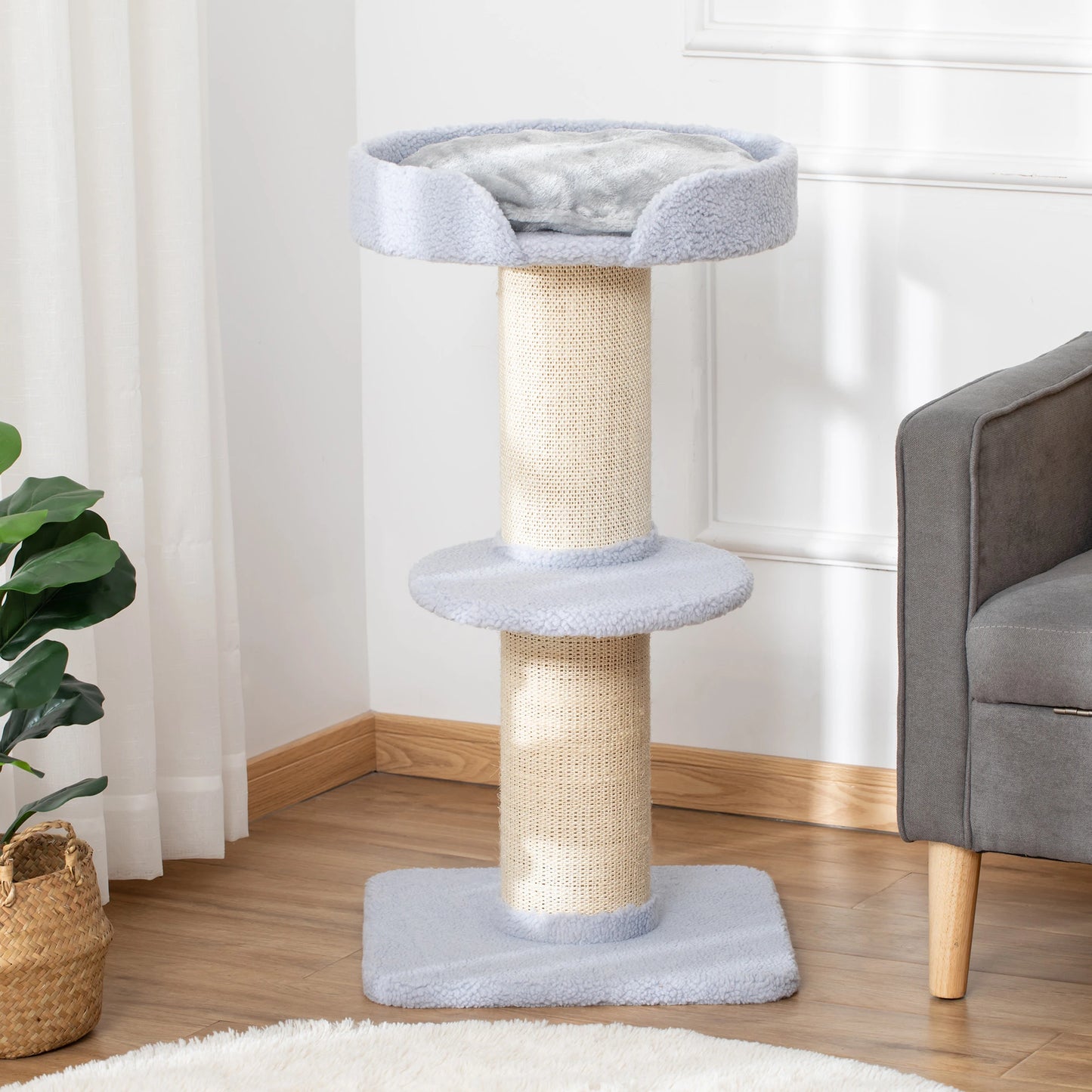 Cat Scratching Post with Bed, Plush Cover and Sisal Pole, 45x45x91cm, Blue