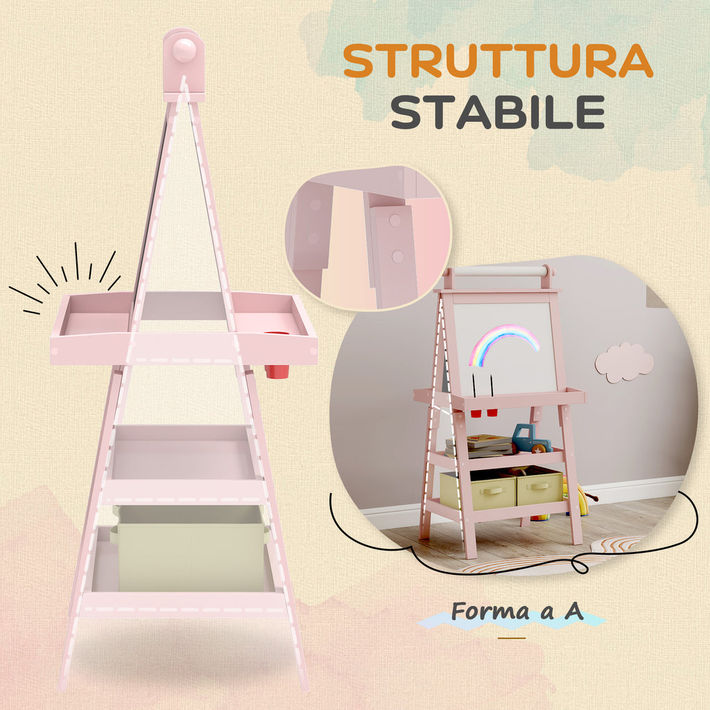 3 in 1 Children's Easel Blackboard, Paper Roll and 2 Containers, Wooden, 59x48x118 cm, Pink