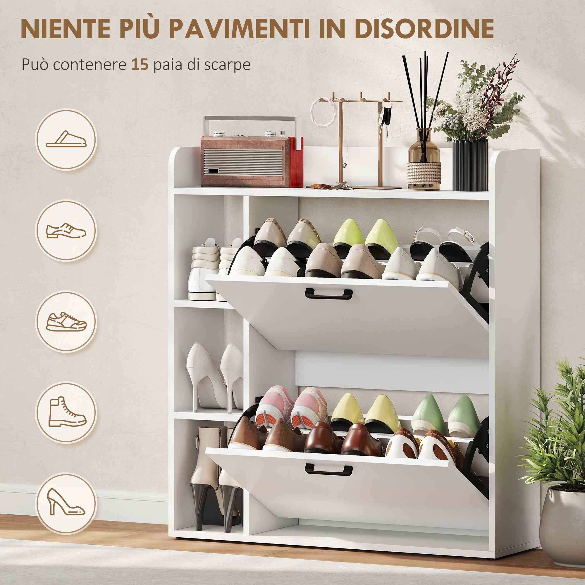 HOMCOM Slim Shoe Rack with 2 Tilting Drawers and 3 Open Compartments, Capacity 15 Shoes, 83x24x90.5 cm, White