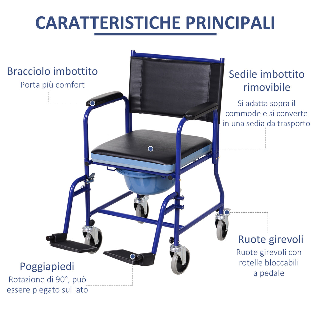Bathroom Wheelchair with Removable Toilet Seat in Iron Pipe and PVC 87 x 57 x 92cm