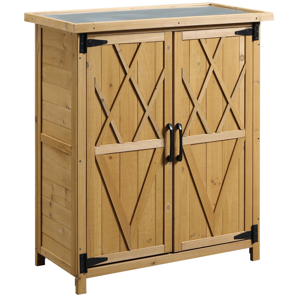 Wooden Garden Cabinet Tool Storage with 2 Doors and 4 Shelves, Sheet Metal Top, 75x40x90 cm