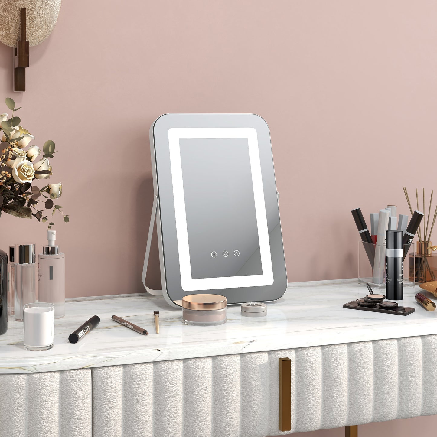 Makeup Mirror with 3-Color Adjustable Lights, USB Socket and 10x Magnifying Mirror, 31x41.5x3cm, White