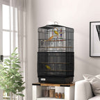 PawHut Bird Cage with Handle, Removable Tray, Wooden Perches, Swing and Bowls, 46.5x35.5x92cm, Black