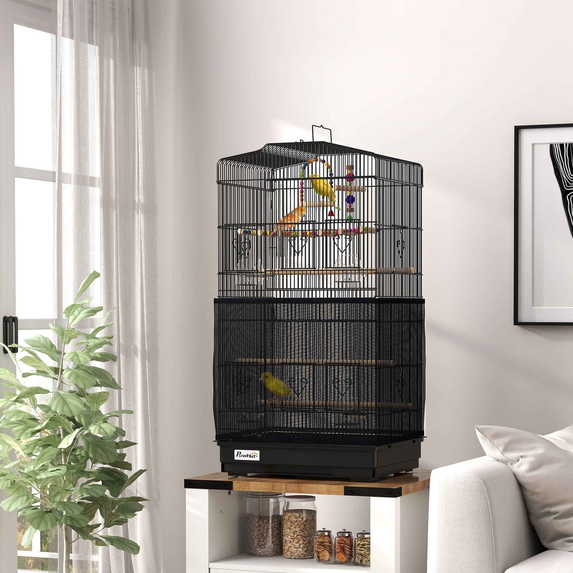 PawHut Bird Cage with Handle, Removable Tray, Wooden Perches, Swing and Bowls, 46.5x35.5x92cm, Black
