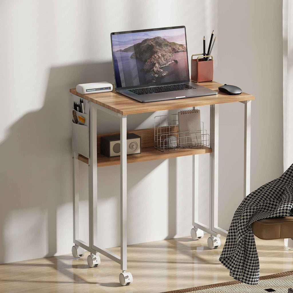 HOMCOM Space-Saving Folding Desk with Drop-Leaf Top, Storage Pocket, and Wheels, Natural Wood