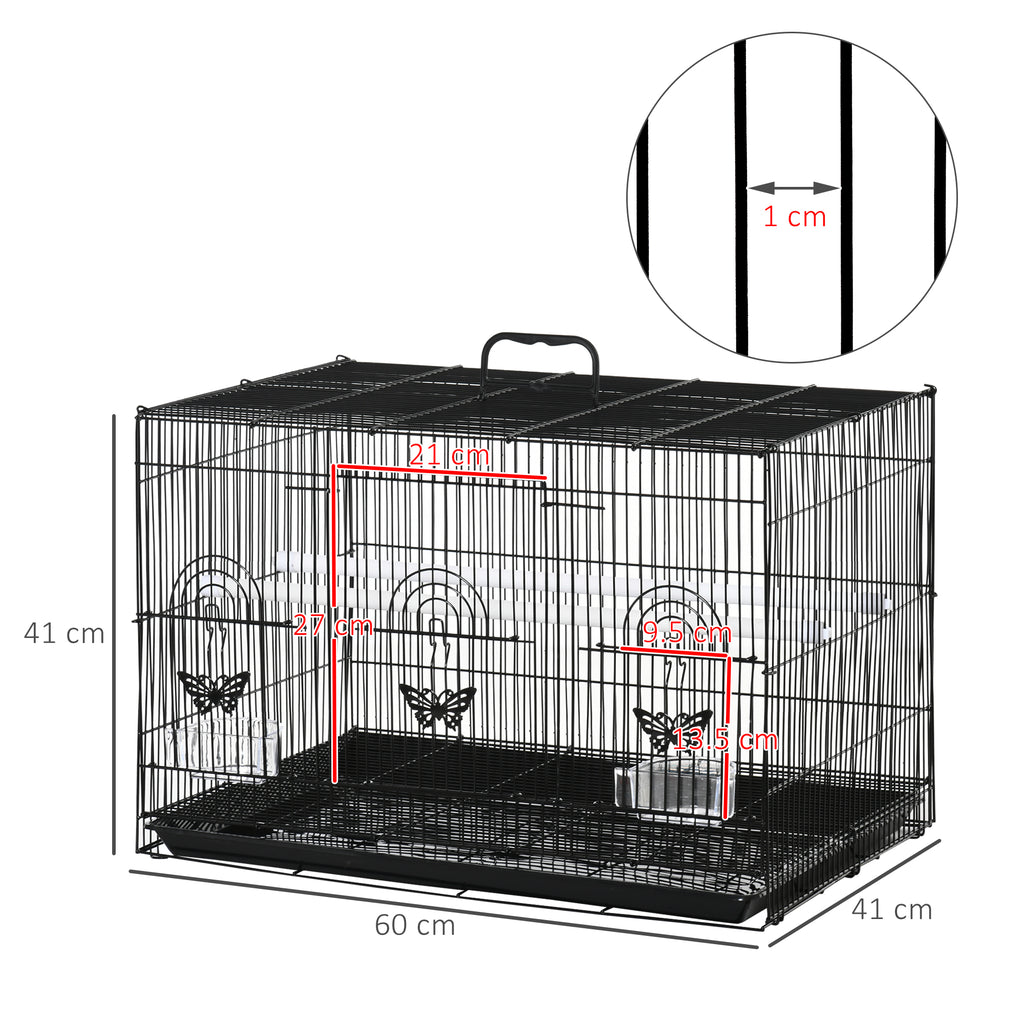 Bird Cage with 2 Perches and 3 Entrances in Metal Wire and Plastic, 60x41x41 cm, Black
