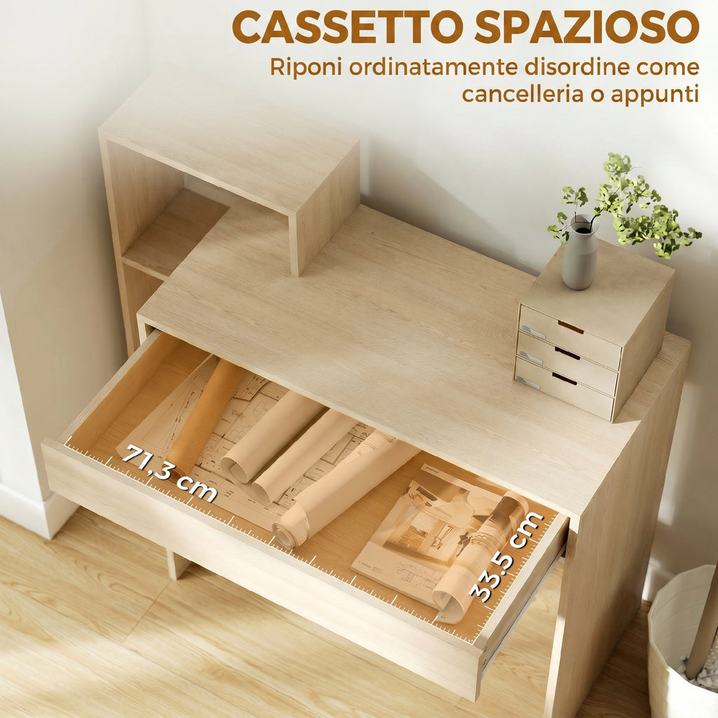 HOMCOM Modern PC Desk with 3 Open Shelves and Drawer, Wooden, Wood Color, 100x40x90 cm
